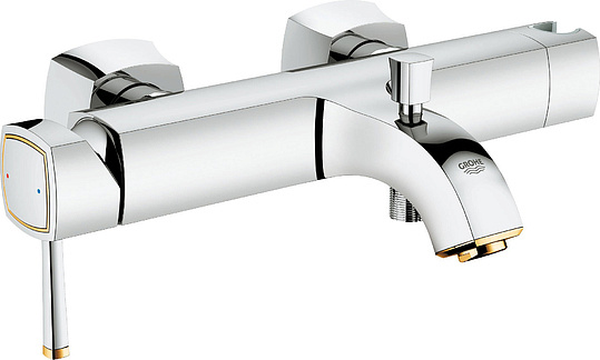 Grohe Grandera Смеситель для ванны накладной, с держателем, цвет: хром/золото 23317IG0
