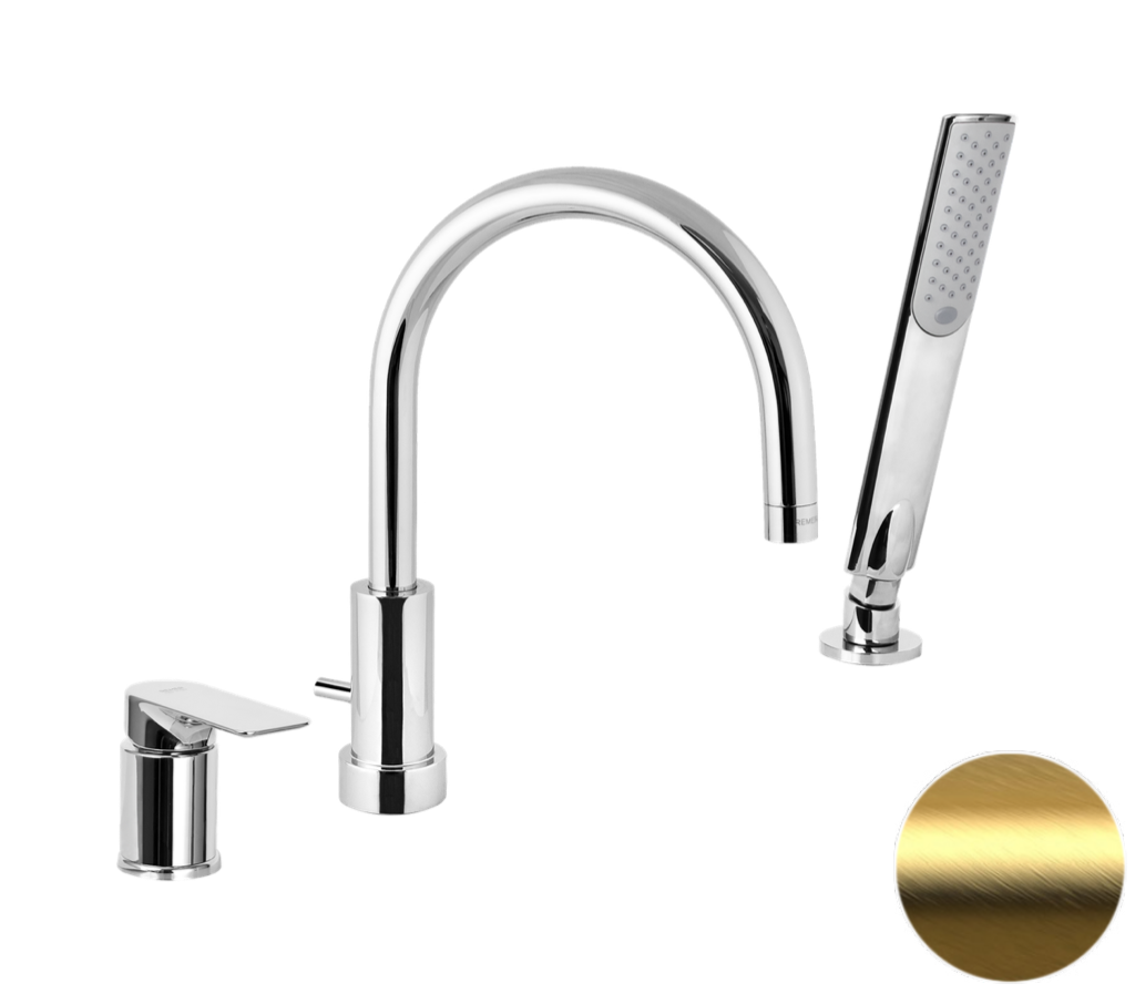 Remer Infinity Смеситель на борт ванны, излив 21,5 см, лейка, шланг 150 см, цвет: oro spazzolato I07BG
