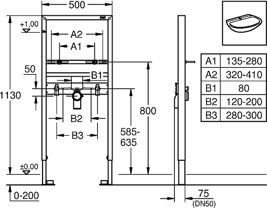 Grohe Rapid SL Инсталляция для раковины 113h см с креплением 38554001