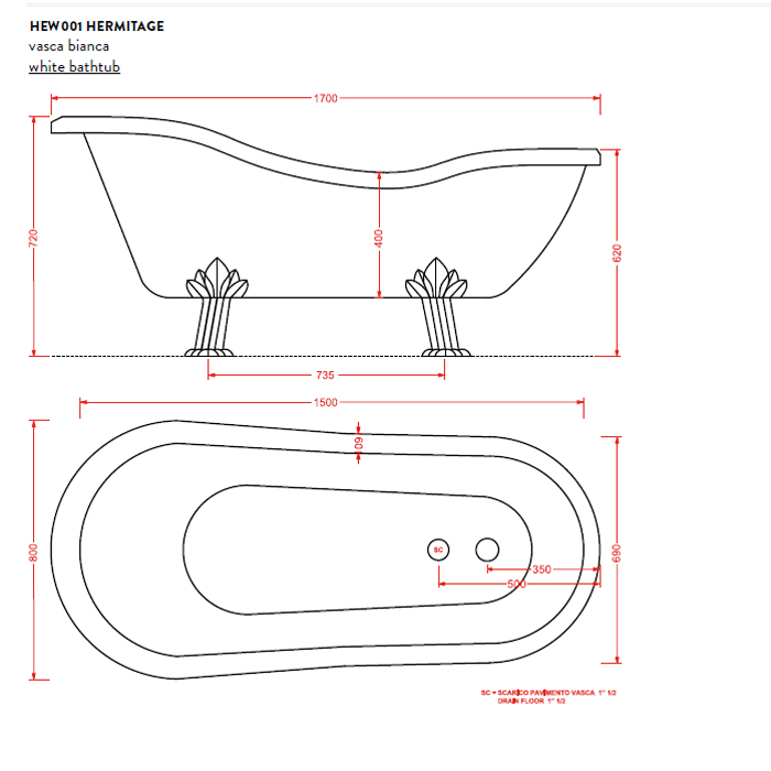 ArtCeram Hermitage Ванна акриловая отдельностоящая 170x80 см, цвет: glossy white/gold HEW001 73