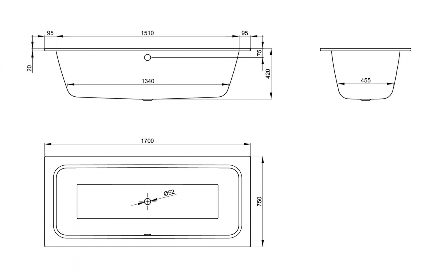 Bette One Ванна стальная встраиваемая 170x75 см, BetteGlasur Plus, цвет: белый 3312-000 PLUS