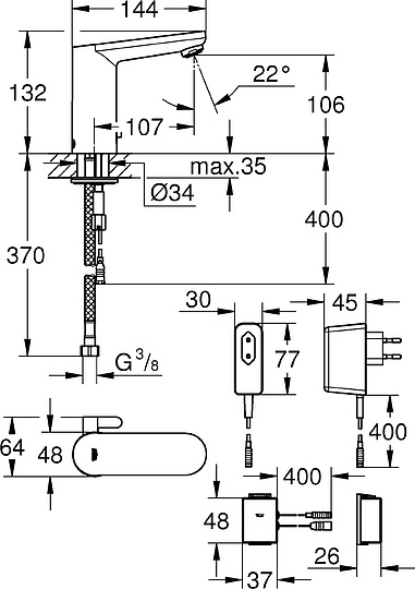 Grohe Eurosmart Cosmopolitan E Смеситель для раковины сенсорный, без д/к, цвет: хром 36325001