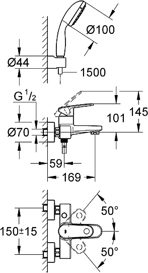 Grohe Europlus II Смеситель для ванны, накладной, с ручным душем, цвет: хром 33547002