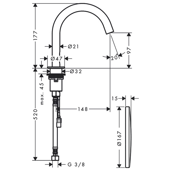 Axor Uno Смеситель для раковины электронный без донного клапана, цвет: хром 38010000
