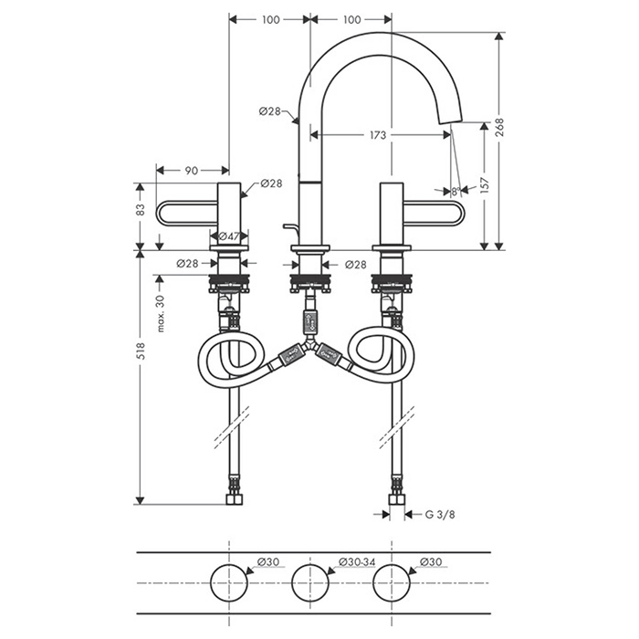 Axor Uno Смеситель для раковины двухвент. на 3 отв. с донным клап., цвет: хром 38054000