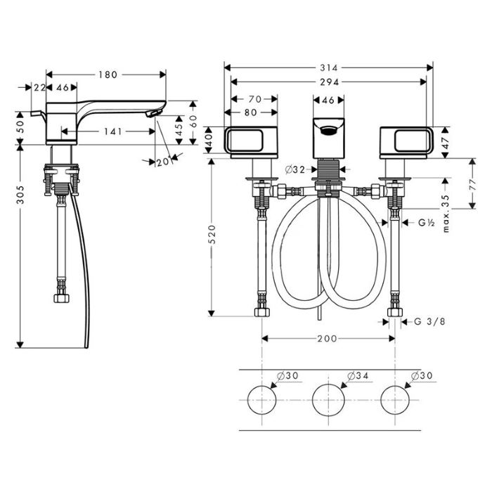Axor Urquiola Смеситель для раковины двухвент. на 3 отв. с донным клап., цвет: хром 11041000