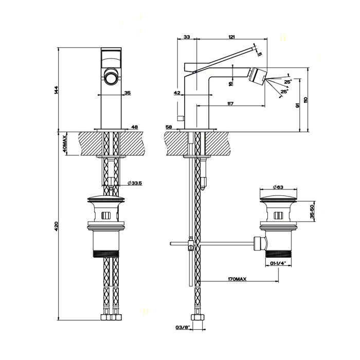 Gessi Rettangolo K Смеситель для биде, однорычажный, с донным клапаном, цвет: matte black 53007#299
