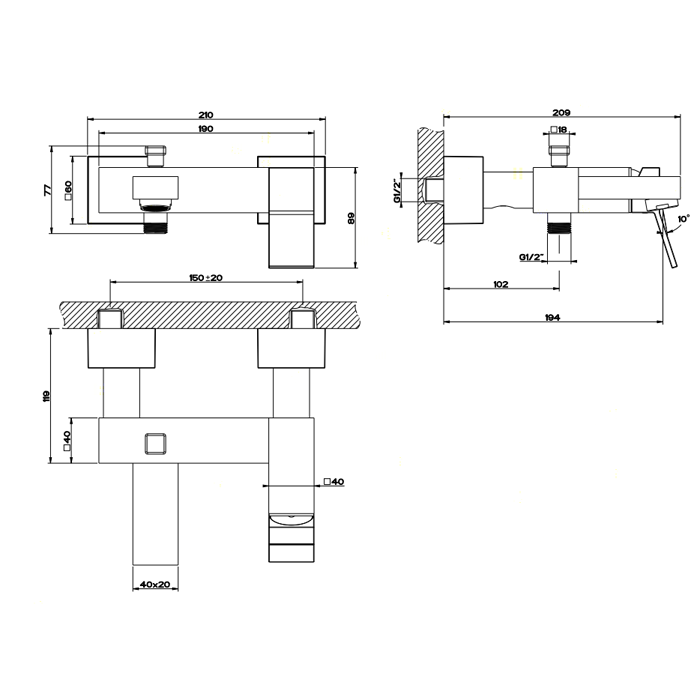 Gessi Rettangolo K Смеситель для ванны на 2 потребителя, излив 19,4 см, цвет: chrome 53013#031