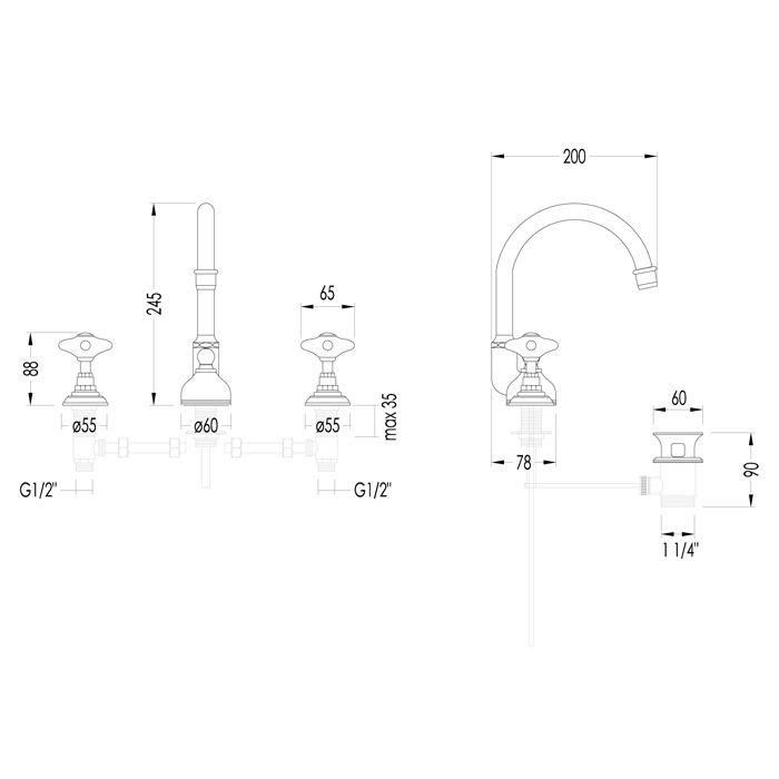 Devon&Devon White Rose Смеситель для раковины с высоким изливом на 3 отв., цвет никель UTWR700ANK