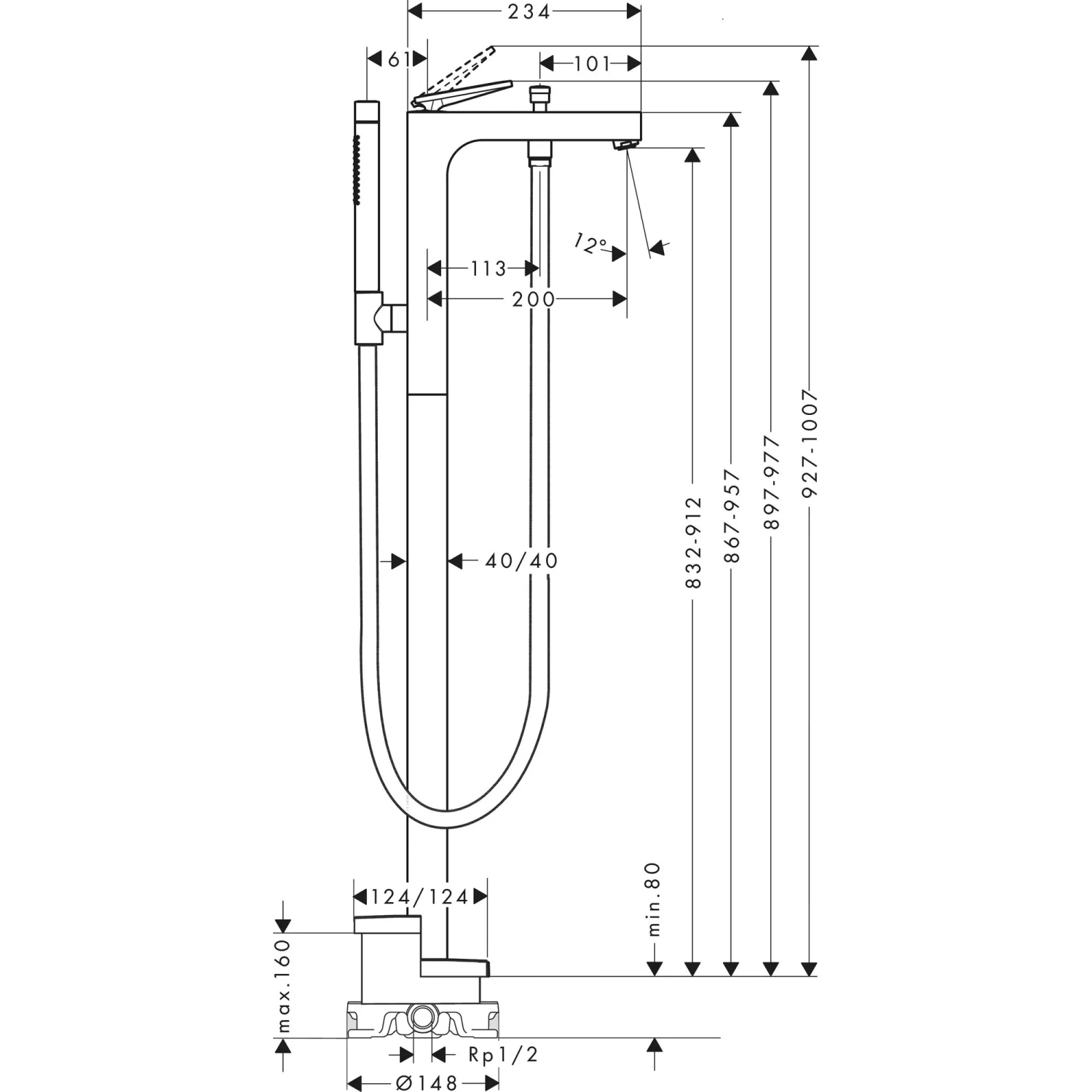 Axor Citterio Смеситель для ванны, напольный, однорычажный, с ручным душем "палочка",цвет: хром 39440000