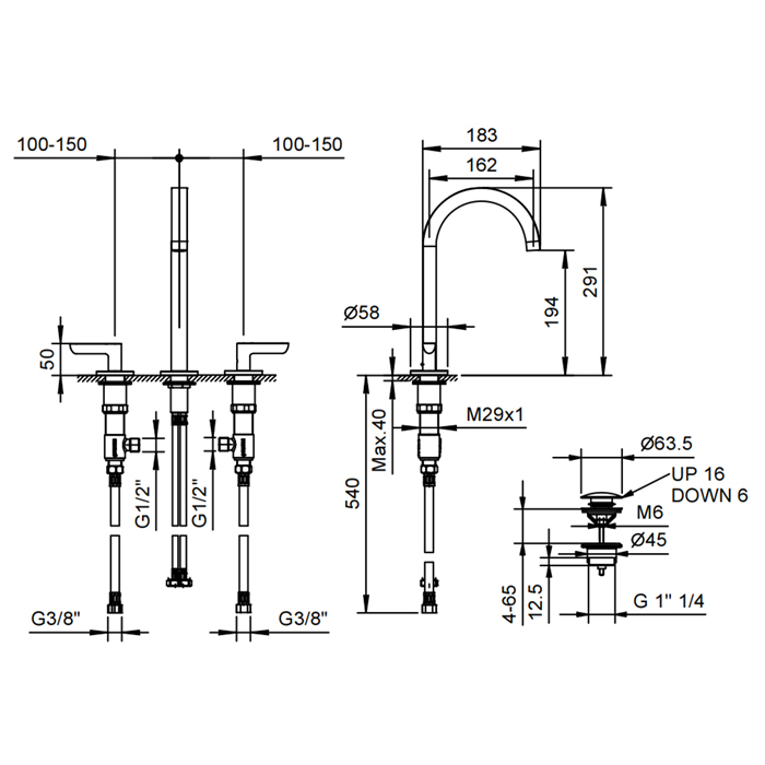 Fantini Icona Deco Смеситель для раковины, 3 отв., излив 16 cм, цвет оружейная сталь 53 P5 R107