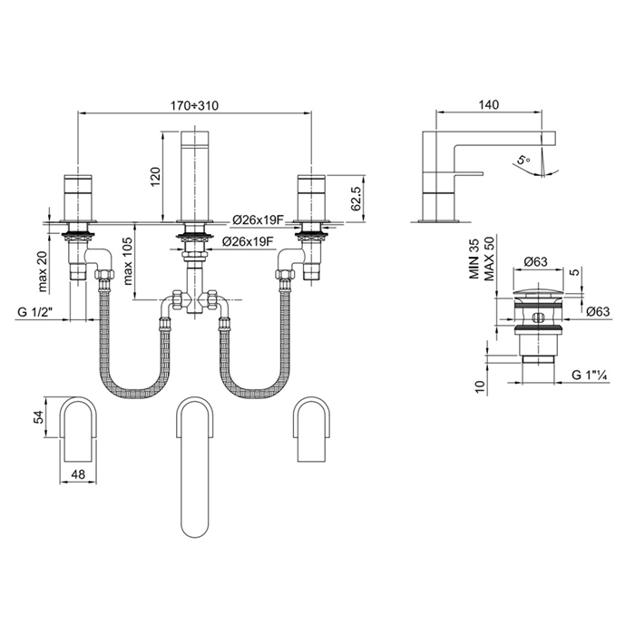 Fantini Mare Смеситель для раковины, 3 отв., излив 14 cм, цвет хром 51 02 6304