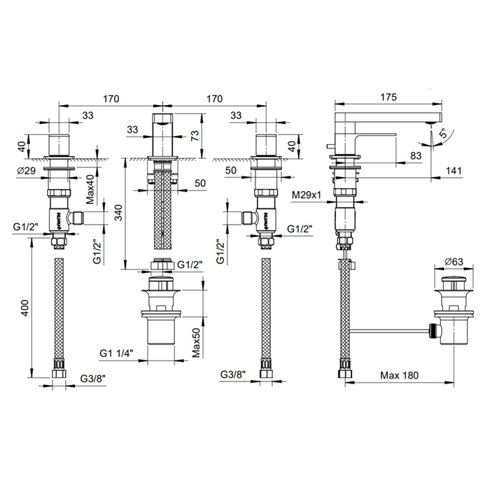 Fantini Mint Смеситель для раковины, 3 отв., с донным клапаном, излив 14 cм, цвет хром 34 02 F304