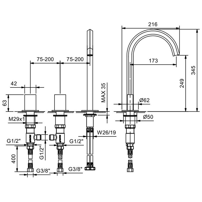 Fantini Venezia In Смеситель для раковины, 3 отв., цвет Matt British Gold PVD 29 P6 N504S