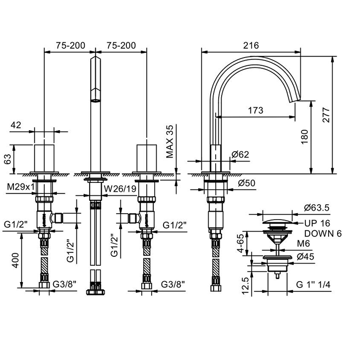 Fantini Venezia Смеситель для раковины, 3 отв., излив 17,5 cм, цвет Matt Copper PVD 29 P9 N404S