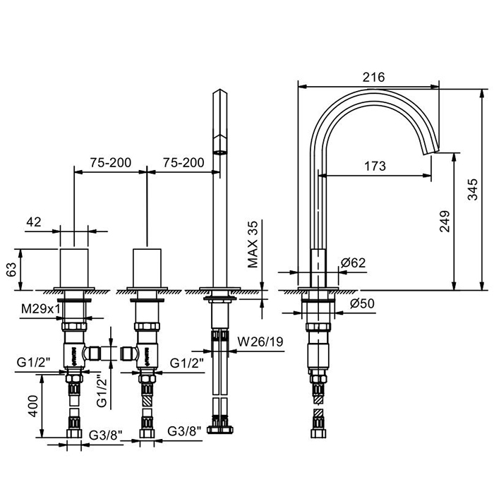 Fantini Venezia Смеситель для раковины, 3 отв., излив 17,5 cм, цвет Matt Gun Metal PVD 29 P5 N405SW