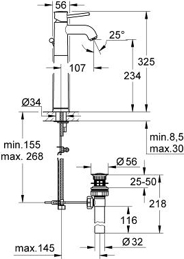 Grohe BauClassic Смеситель для раковины, с д/к, высота излива 23,4 см, цвет: хром 32868000
