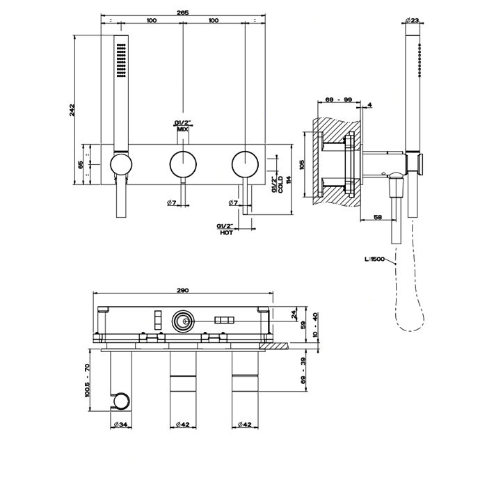 Gessi 316 Bath-Shower Смеситель для ванны встраиваемый, 2 потребителя, лейка, цвет: steel brushed 54038#239