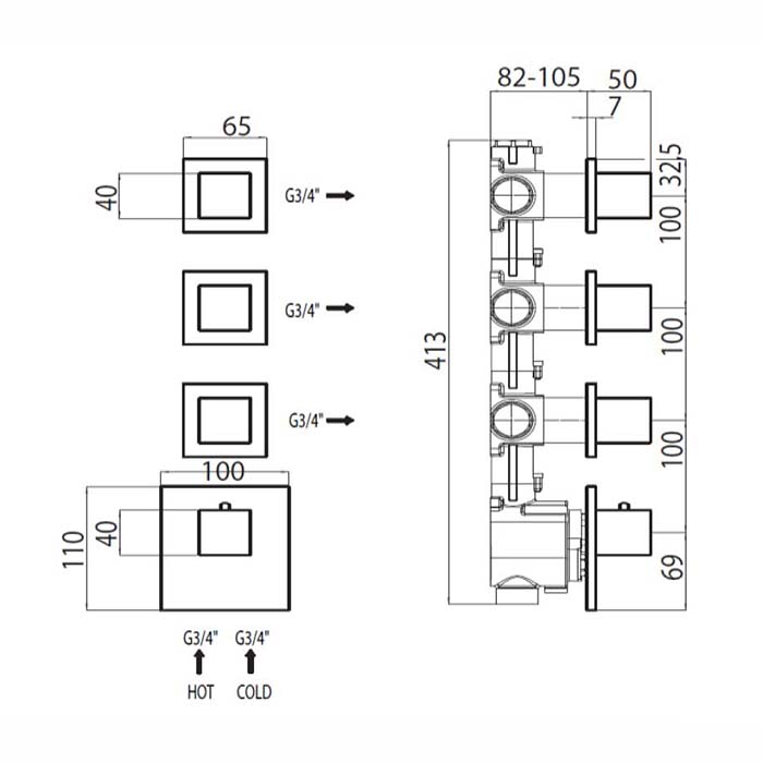 Bossini Rectangular Смеситель термостатический, встраиваемый, на 3-6 выходов, цвет: chrome Z033205.030