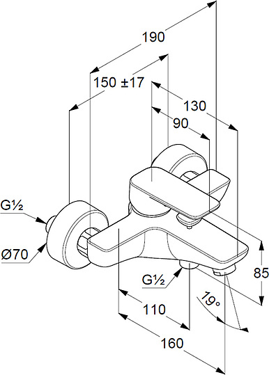 Kludi Pure&Style Смеситель для ванны и душа DN 15 настенный, цвет: хром 406810575