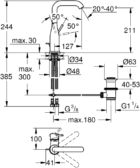 Grohe Essence New Смеситель для раковины высокий, с д/к, высота излива 21,1 см, цвет: никель глянец 32628BE1