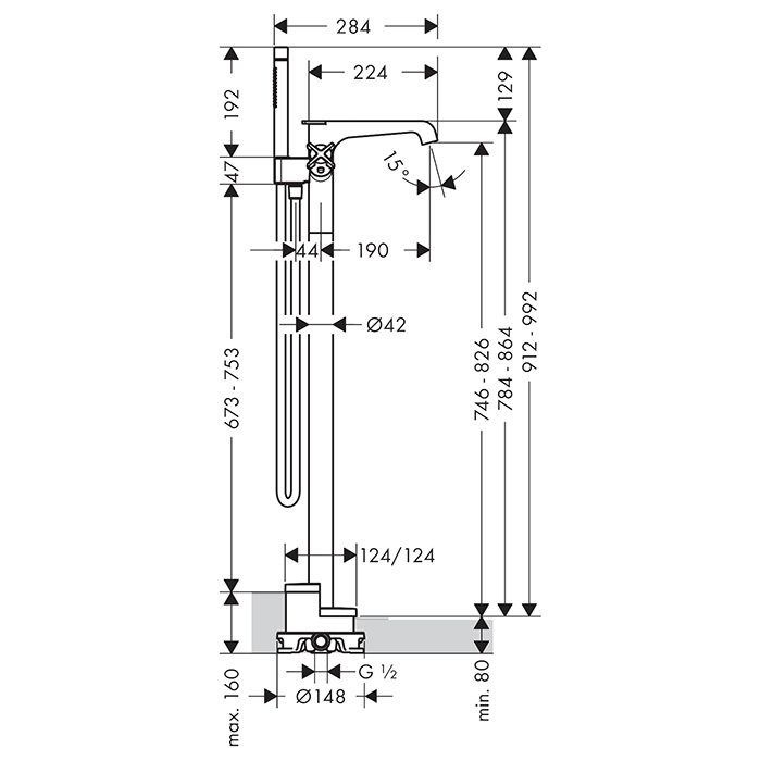 Axor Citterio E Термостат для ванны, напольный, с ручным душем "палочка", цвет: хром 36416000