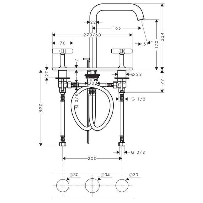 Axor Citterio E Смеситель для раковины двухвент. на 3 отв. с донным клап., цвет: хром 36116000
