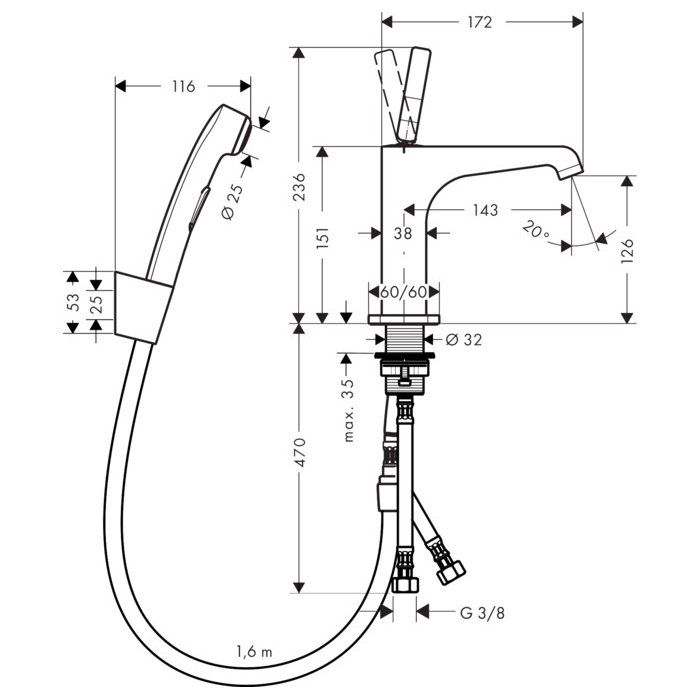 Axor Citterio E Смеситель для раковины однорычажный на 1 отв. с донным клап., цвет: хром 36130000