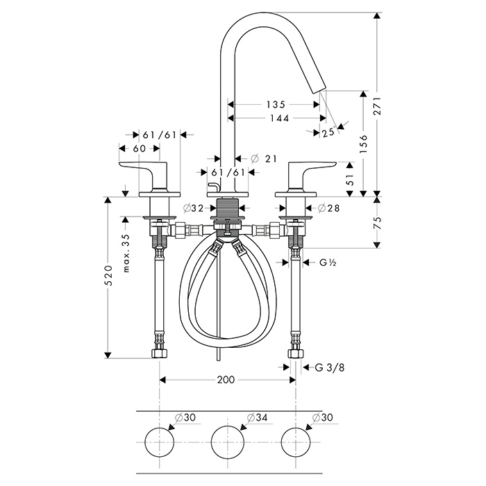 Axor Citterio M Смеситель для раковины на 3 отверстия с донным клапаном, цвет: полированное золото 34133990