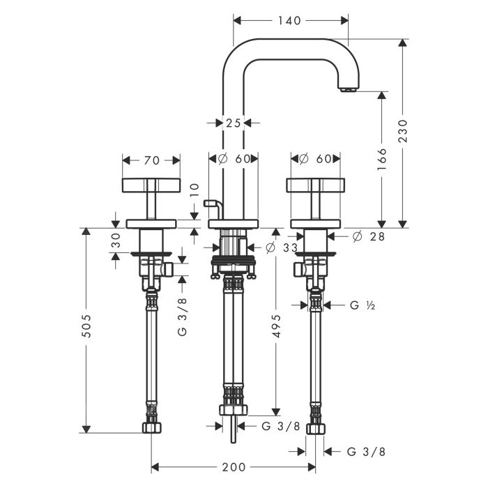 Axor Citterio Смеситель для раковины двухвентильный на 3 отверстия с донным клапаном, цвет: хром 39133000