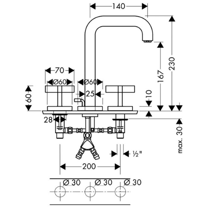 Axor Citterio Смеситель для раковины двухвент. на 3 отв. с донным клап., цвет: хром 39134000