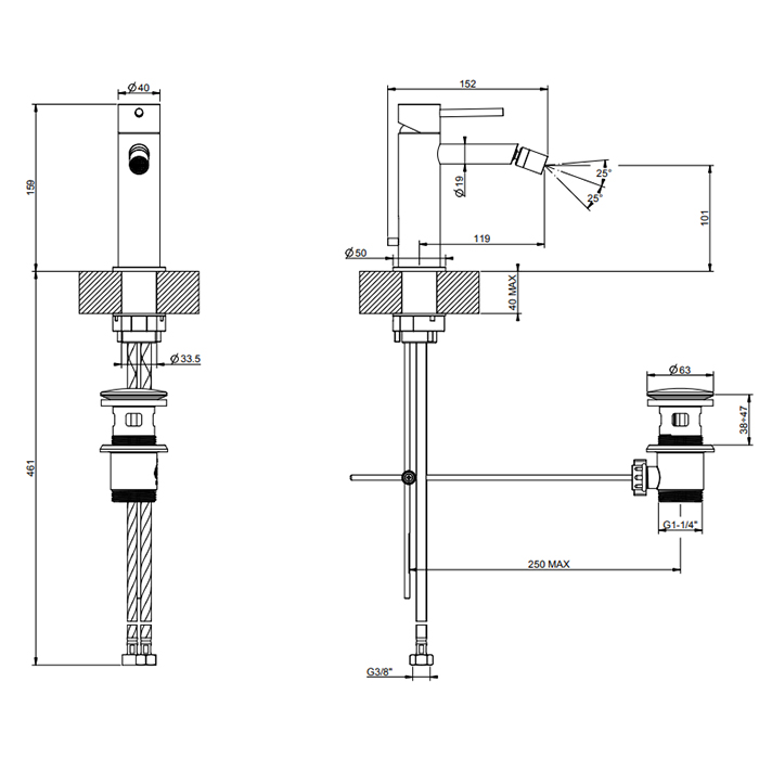 Gessi 316 Flessa Смеситель для биде, однорычажный, с донным клапаном, цвет: black metal brushed PVD 54007#707