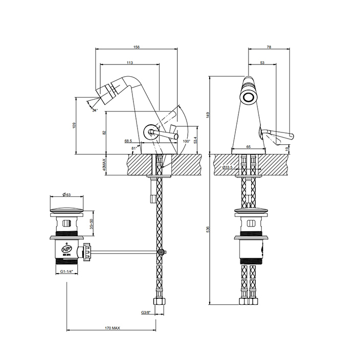 Gessi Cono Смеситель для биде, однорычажный, с донным клапаном, цвет: matte black 45007#299