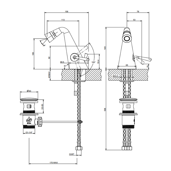 Gessi Cono Смеситель для биде, однорычажный, с донным клапаном, цвет: finox brushed nickel 45007#149