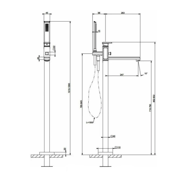 Gessi Eleganza Смеситель для ванны напольный, с ручн. душем, внеш. часть, излив 26 см, цвет: chrome 46131#031