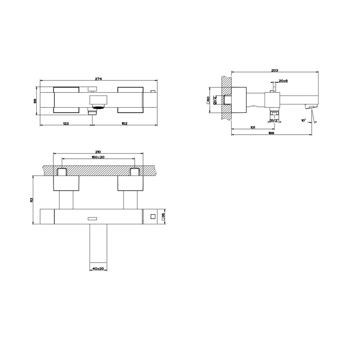 Gessi Rettangolo Термостат для ванны на 2 потребителя, излив 18,8 см, цвет: matte black 20111#299