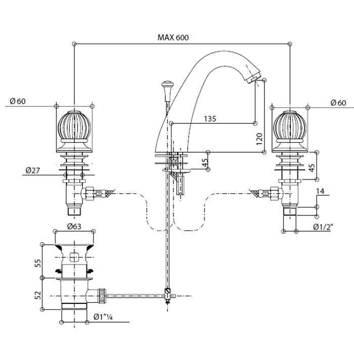 Bongio Rivoli Смеситель для раковины на 3 отверстия, ручки стекло белое, цвет золото 05501OR00