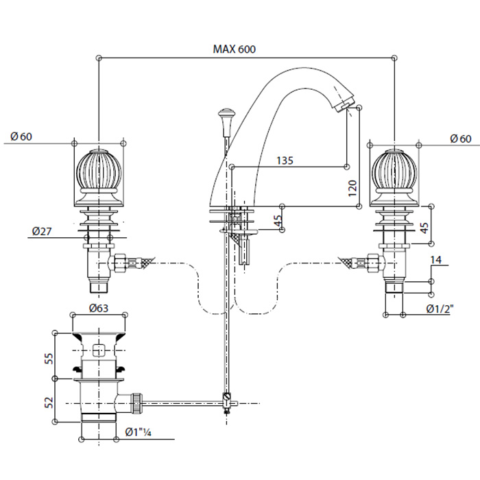 Bongio Rivoli Смеситель для раковины на 3отв., цвет хром/Cristallo Bianco 00 05501CR00
