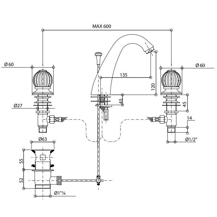 Bongio Rivoli Смеситель для раковины на 3отв., цвет хром/Rosa antico 06 05501CR06