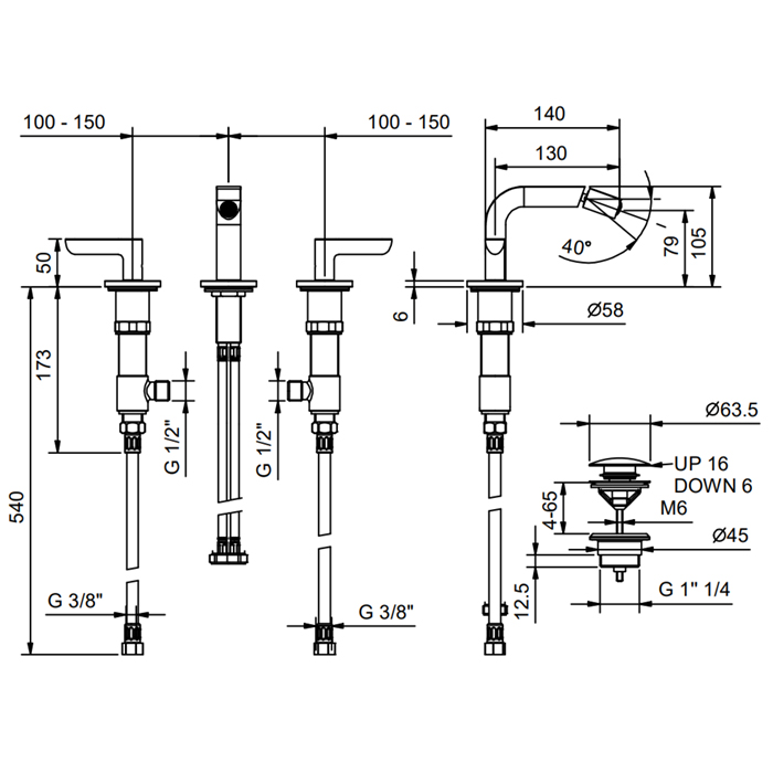 Fantini Icona Deco Смеситель для биде, 3 отв., с донным клапаном, цвет хром 53 02 R108