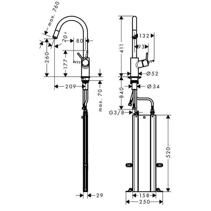 Hansgrohe Talis M52 Смеситель для кухонной мойки однорычажный 260 с выдвижным изливом, цвет: хром 73864000