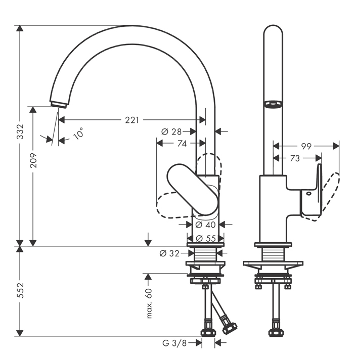 Hansgrohe Vernis Blend M35 Смеситель для кухонной мойки 260 однорычажный, цвет: матовый черный 71870670
