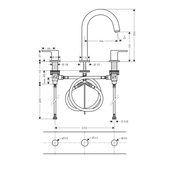 Hansgrohe Vernis Shape Смеситель для раковины на 3 отверстия двухвентильный, цвет: матовый черный 71563670