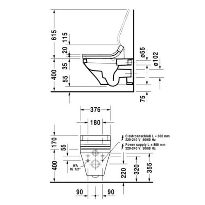Duravit DuraStyle Унитаз подвесной 62х37 cм, для крышки-биде SensoWash, цвет: белый 2537590000