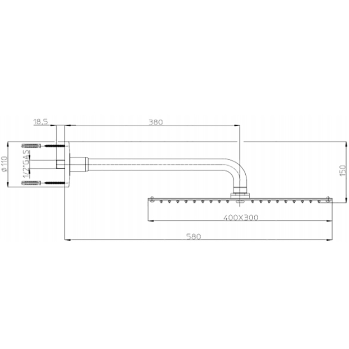 Bossini Rectangular Верхний душ 40 см, 1 вид струи, кронштейн настенный 38 см, цвет: chrome H77604.030