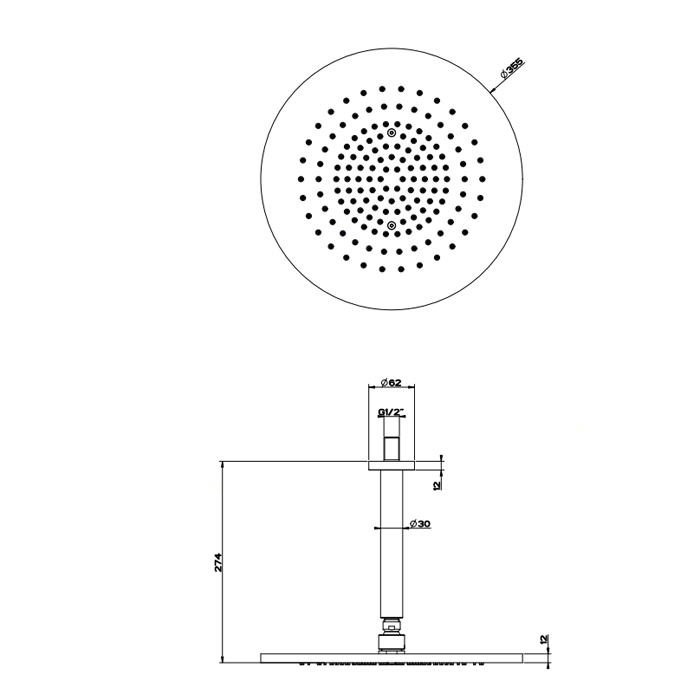 Gessi 316 Bath-Shower Верхний душ 36 см 1 вид струи, кронштейн потолочный 27 см, цвет: steel brushed 54152#239