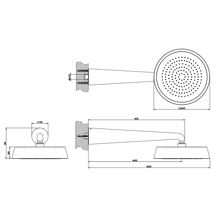 Gessi Cono Верхний душ 24 см 1 вид струи, кронштейн настенный 40 см, цвет: matte black 45151#299