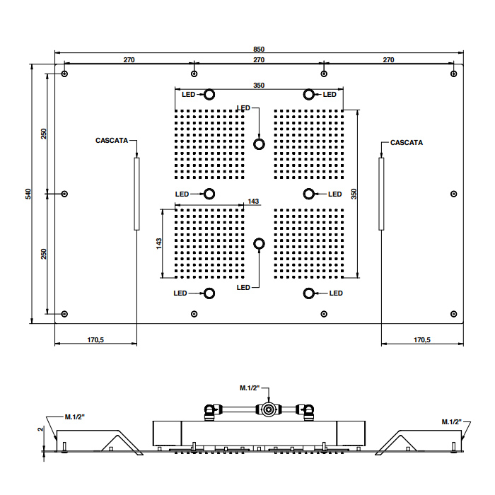 Bongio Soffioni Верхний душ 85х40 см, хромотерапия,цвет хром 00888CRC8