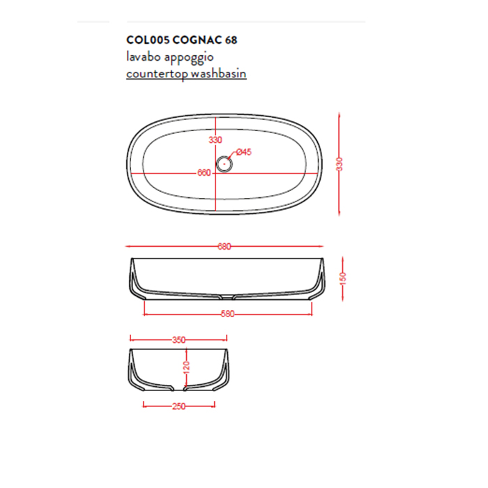 ArtCeram Cognac Раковина чаша 68x35x15h см, без перелива, покрытие Saniglaze, цвет: matt black COL005 17 00
