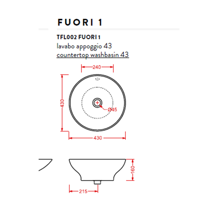 ArtCeram Fuori 1 Раковина чаша d43x16h см, с переливом, цвет: glossy white TFL002 01 00